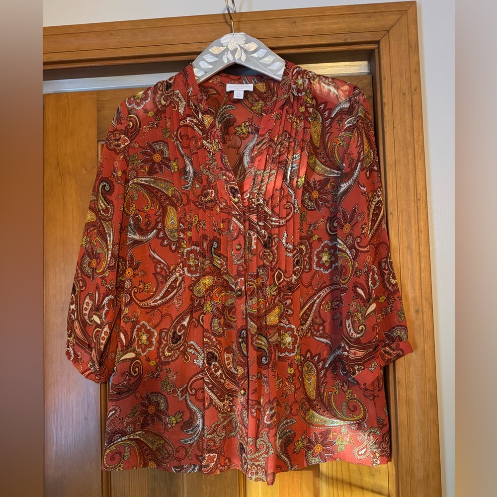 Charter Club 3/4 Sleeve Rust Paisley Button-Front Blouse